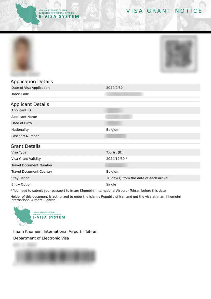 iran eVisa sample document
